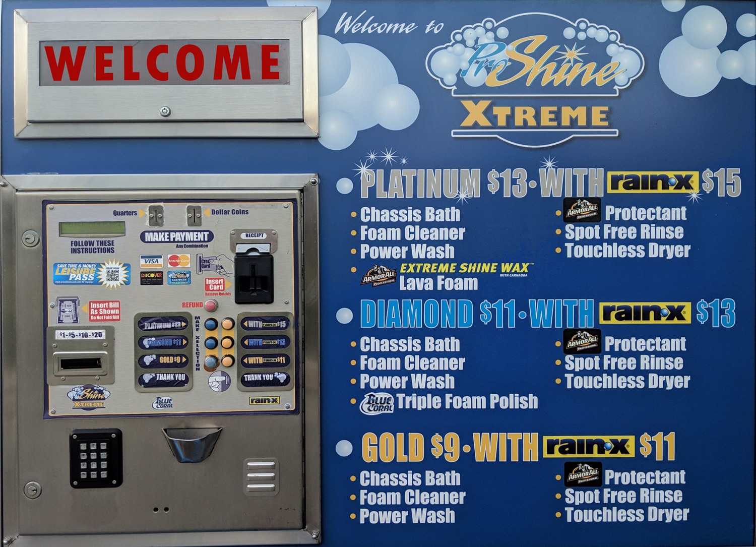 cashier board: gold $9 includes chassis bath, foam cleaner, power wash, ArmorAll protectant, spot free rinse, touchless dry. diamond $11 same as gold but includes a blue corp triple wash foam. platinum $13 same as gold but includes ArmorAll extreme shine wax and lava foam. plus two dollars for all washes to include rain x.